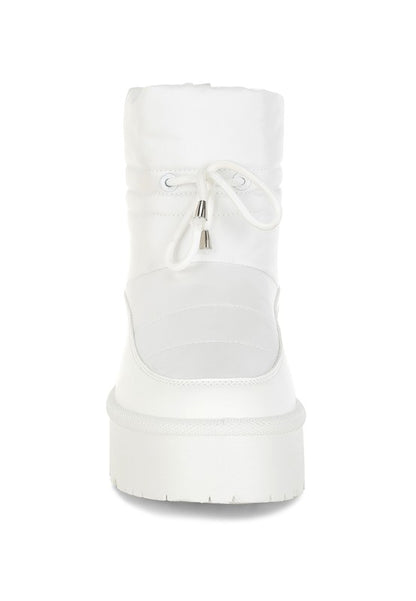 Back view of white Pacos High Ankle Chunky Snow Boots with block heel.