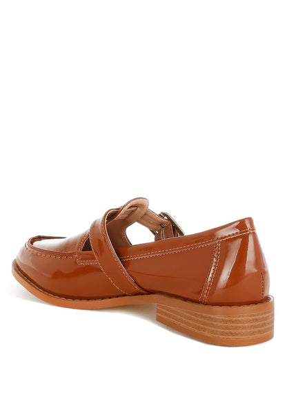Brown Swenson Loafers back inside view, showing strap buckle and low 1-inch block heel