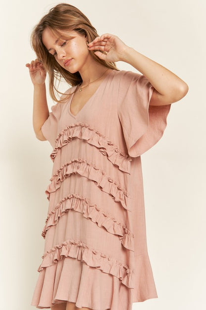 Gentry Tiered Ruffle Mini Dress – V-Neck Flared Sleeves