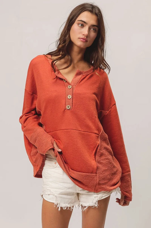Front view of Hayden Henley showing oversized fit and French terry knit fabric