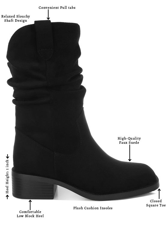 Size, color, and material details for Ottawa Slouchy Cowboy Boots in black.