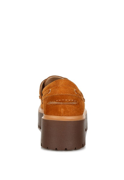 Cuckatoos Tan Oxford Loafers back angle, suede leather with lug outsole.