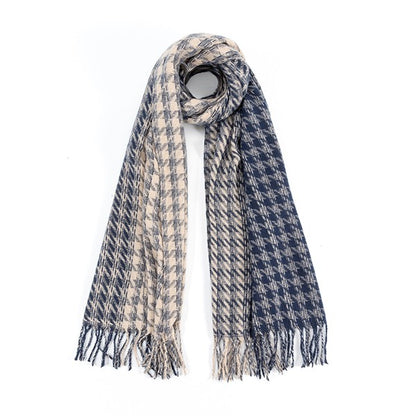 Sofiya Houndstooth Scarf in blue two-tone design, displayed to show wide length and soft fabric texture.