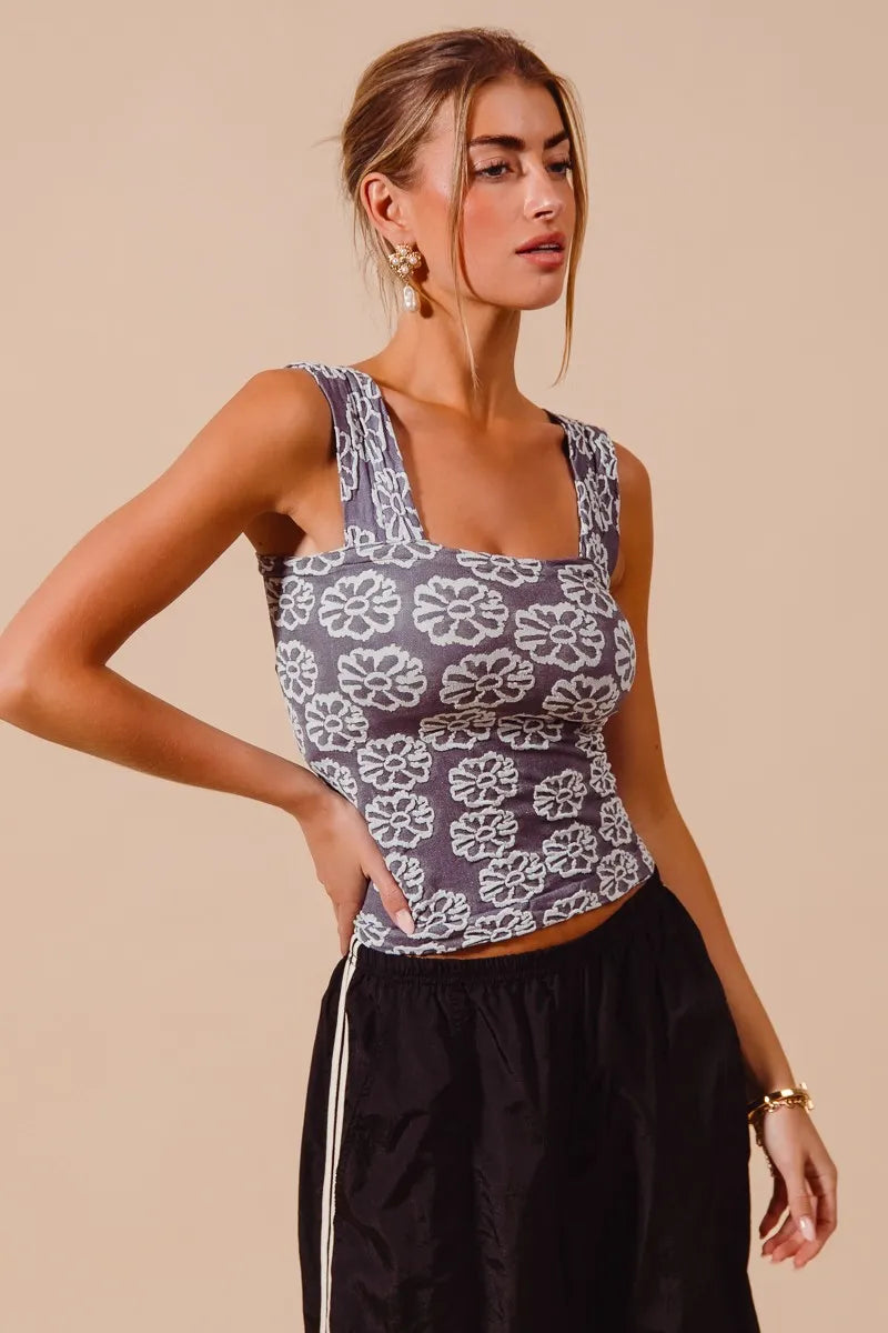 Jazlynn Two Tone Floral Seamless Tank Top in charcoal blue with joggers, showing fitted silhouette and bold floral two-tone design.