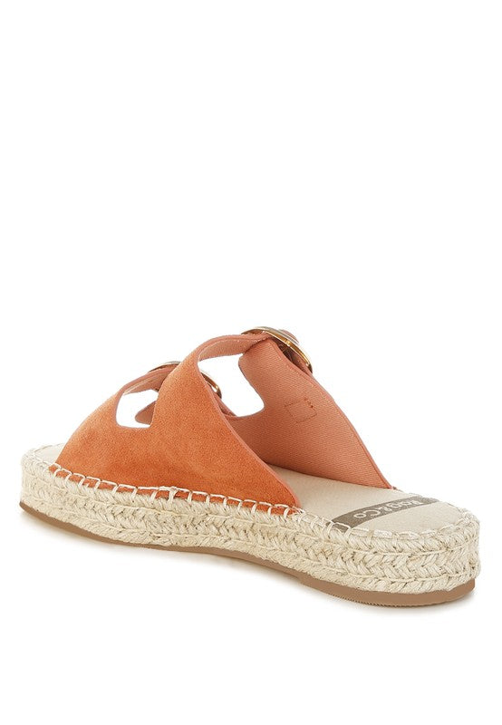 Tan genuine leather espadrille flatform sandal back inside view showing buckle strap and espadrille heel.