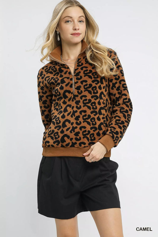 Quarter-zip camel brown leopard sweatshirt front angle, soft fleece casual pullover.