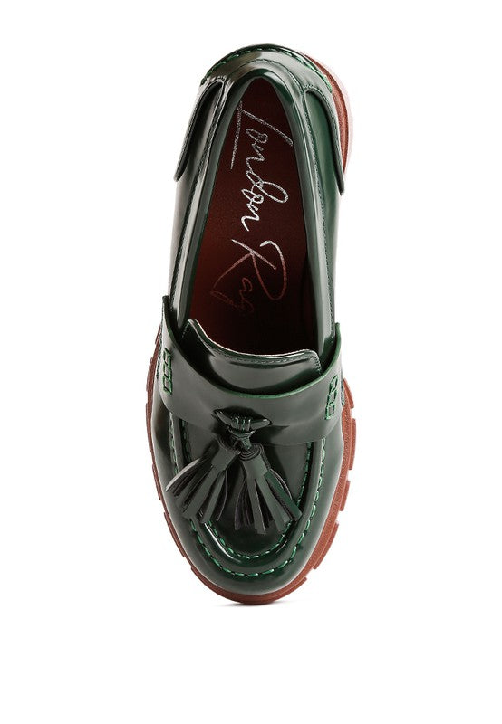 Top view of Jonah Platform Loafers in dark green with cushioned insole