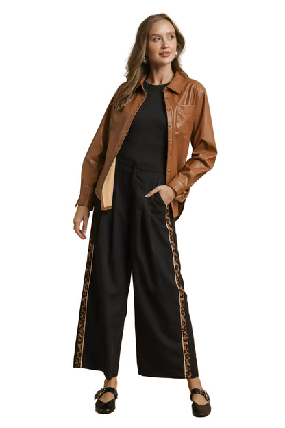 Full body look styled with Cedar leopard trim pants and brown jacket