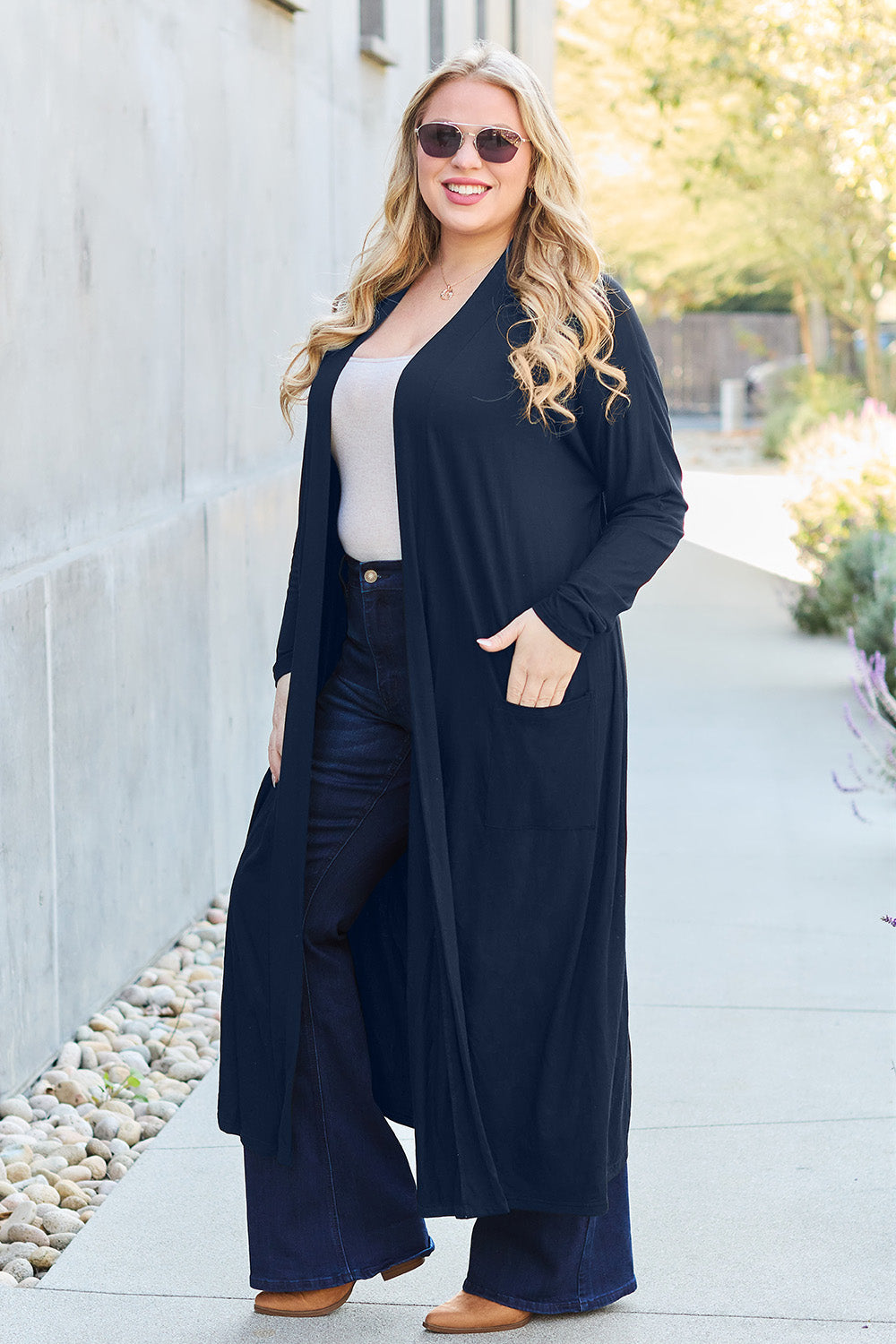 Dark Navy open-front long-sleeve cover-up with a flowy design and pockets, perfect for layering on breezy days.