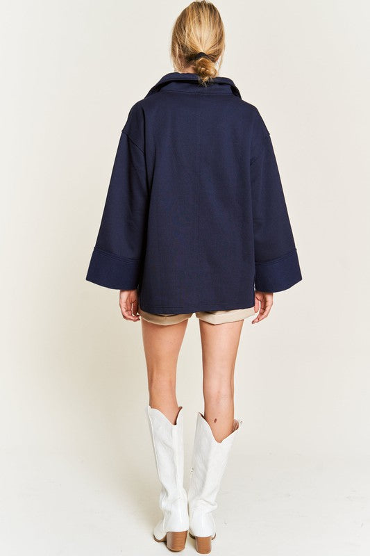 Aylani Plus Size High Collar Knit Top navy full body back view