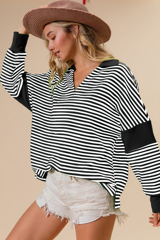 Virella Striped Contrast Long Sleeve Knit Top in Black