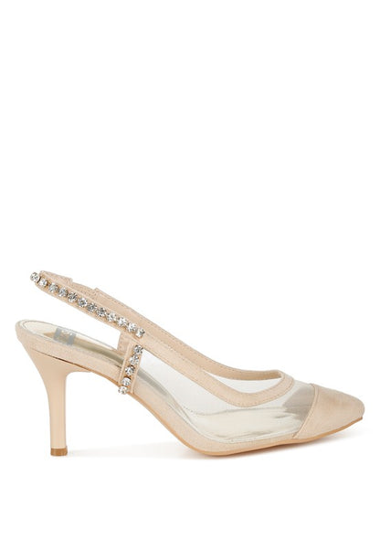 Beige Yaga Slingback Stilettos side angle highlighting pointed toe and mesh upper