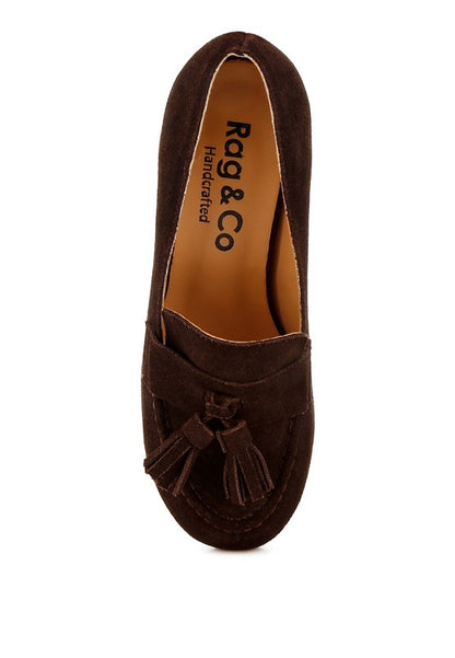 Top view of Brown Ziva Suede Loafer Heels with round toe, tassel detail, and slip-on style.