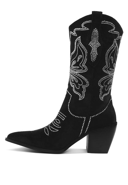 Side view of black cowboy boots with rhinestone details