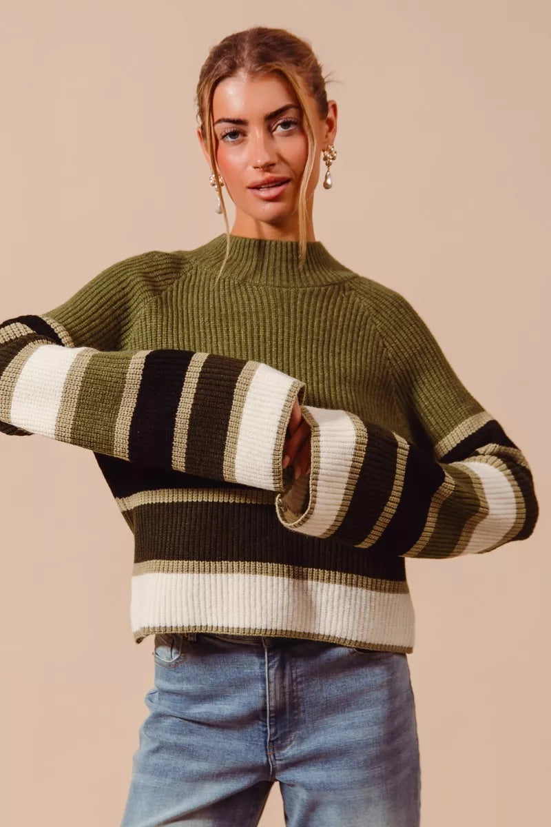 Auden striped mock neck sweater front view in olive multi for women.