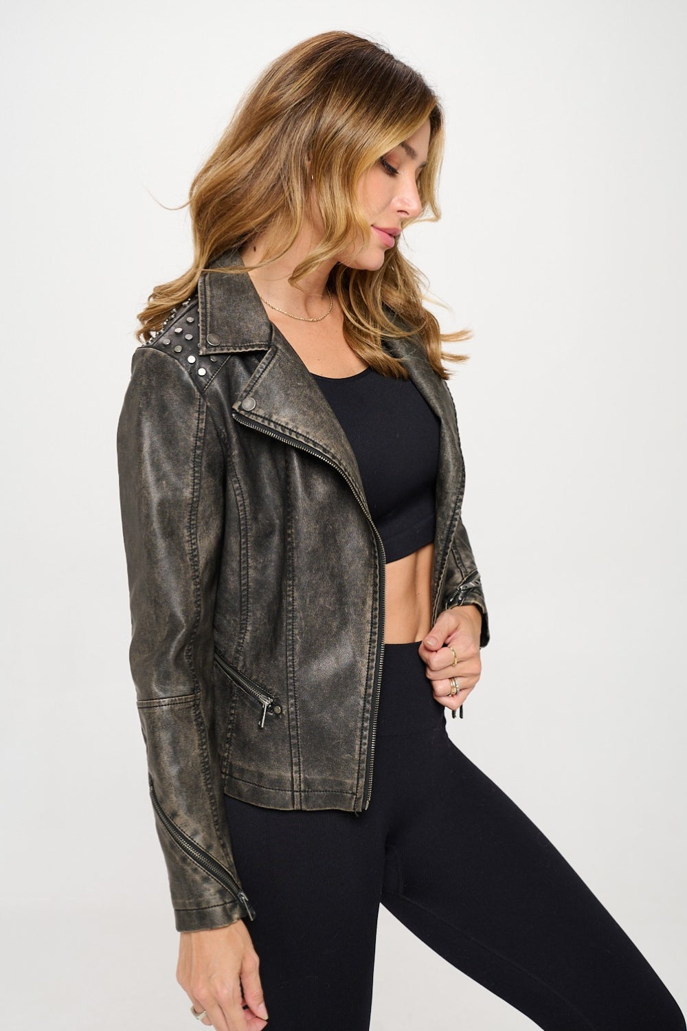 Tess Studded Classic Moto Faux Leather Jacket In Brown