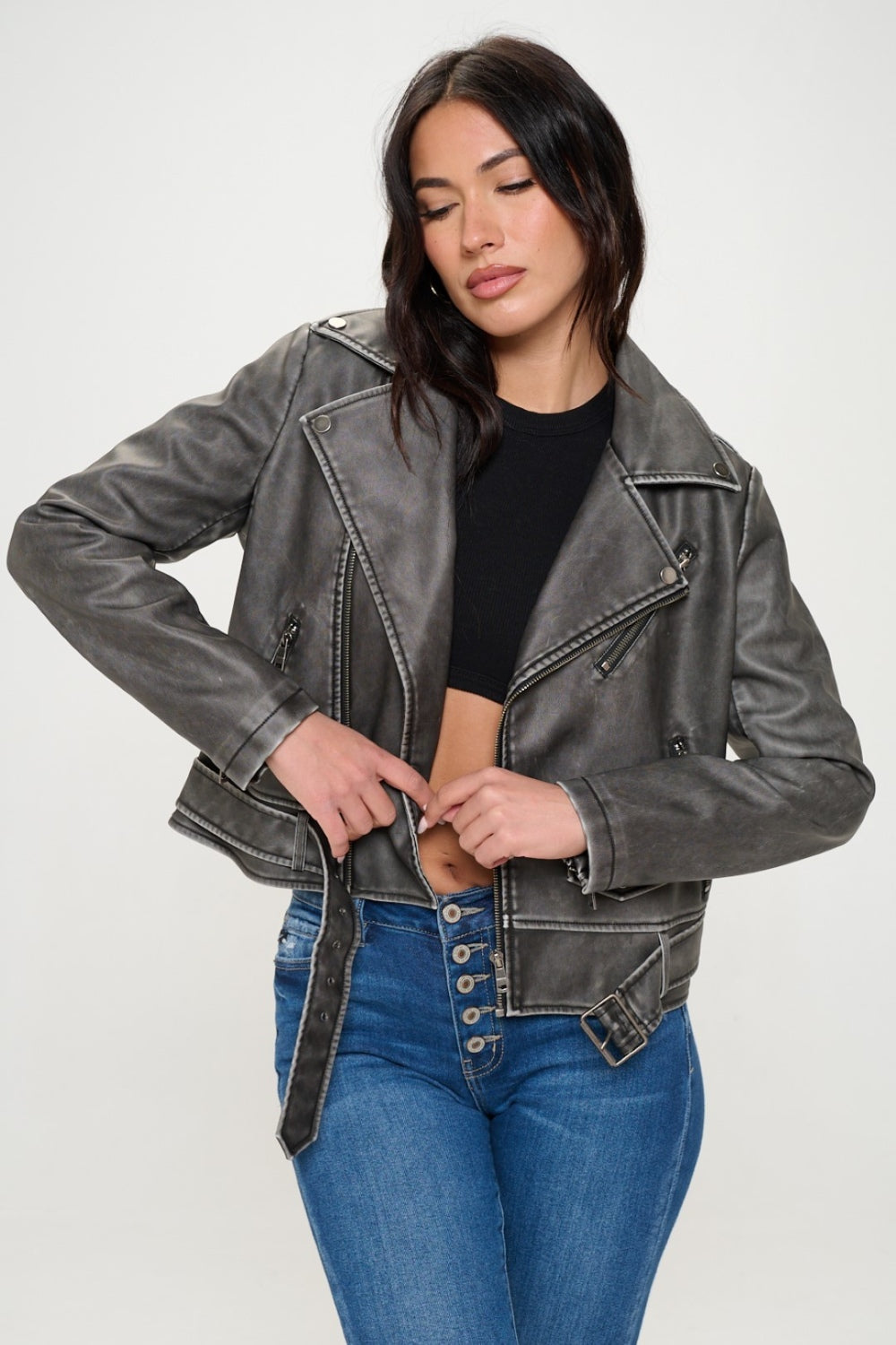 Stormy Zip Up Biker Jacket with Belt In Black