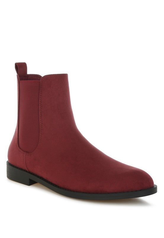 Front angle of Ayasa Low Block Heel Chelsea Boots in Burgundy with elastic gussets and pull tab