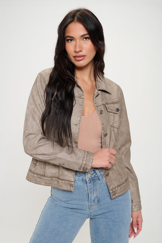 Gwendolyn Button Down Cargo Vegan Leather Shacket In Khaki