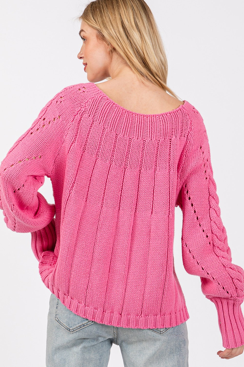 Amelia Cable-Knit Long Sleeve Sweater In Deep Pink