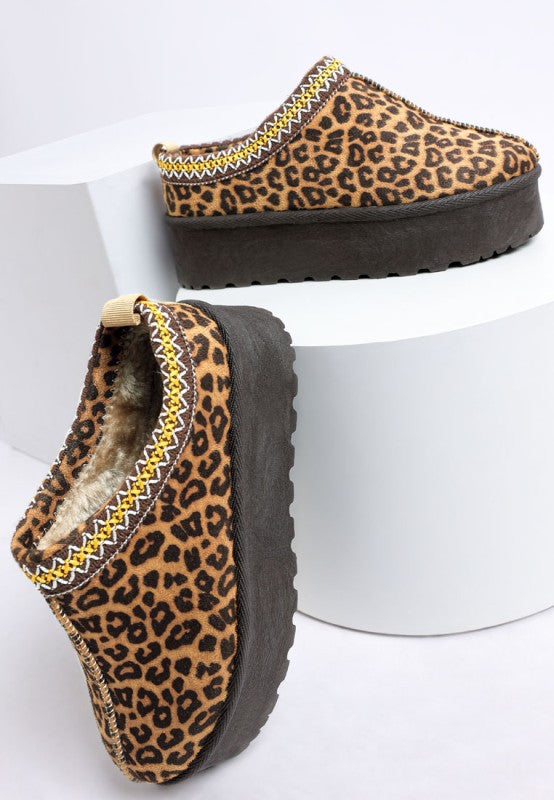 Ottawa Leopard Platform Slip-Ons pair showing embroidered collar and faux fur lining.