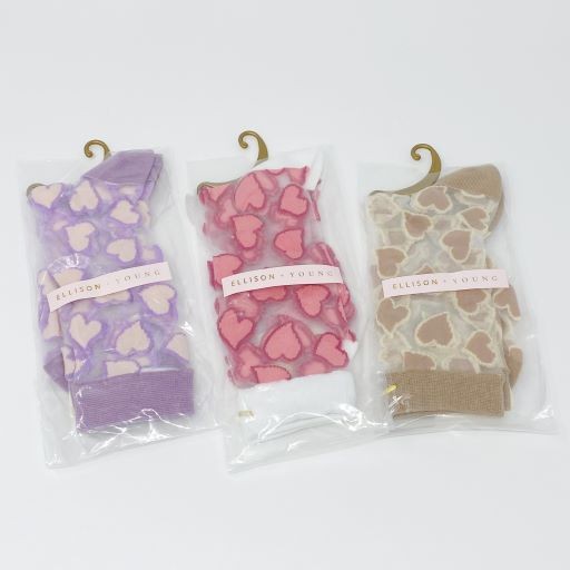 Lyssi Heartful Love Sheer Socks - Heart Print, Taupe, Pink, Lavender, One Size
