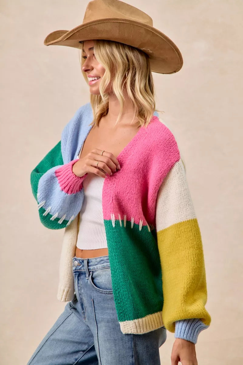 Side angle of Rana Color Block Open Front Sweater Cardigan showing oversized draped silhouette.