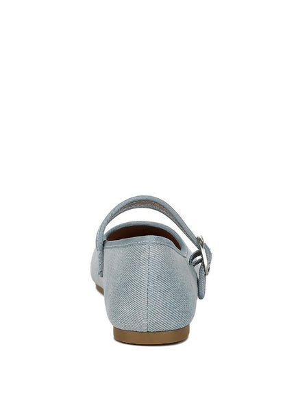 Iker Denim Ballerinas - Pin Buckle, Cushioned Insole, Flat Heel