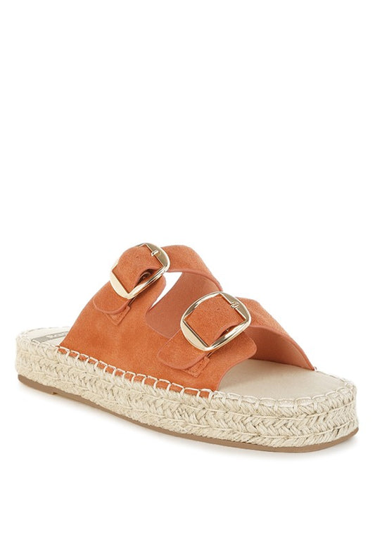 Tan genuine leather espadrille flatform sandal angled front view with open square toe and buckle strap.