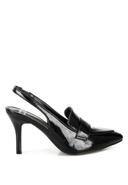 Side view of Black Voisin Slingback Loafer Heels with slingback strap and stiletto heel.