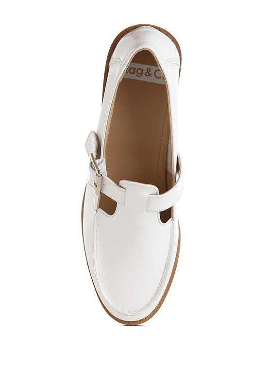 White Swenson Mary Jane Loafers top view, cushioned insole with stitched patent pleather and buckle strap