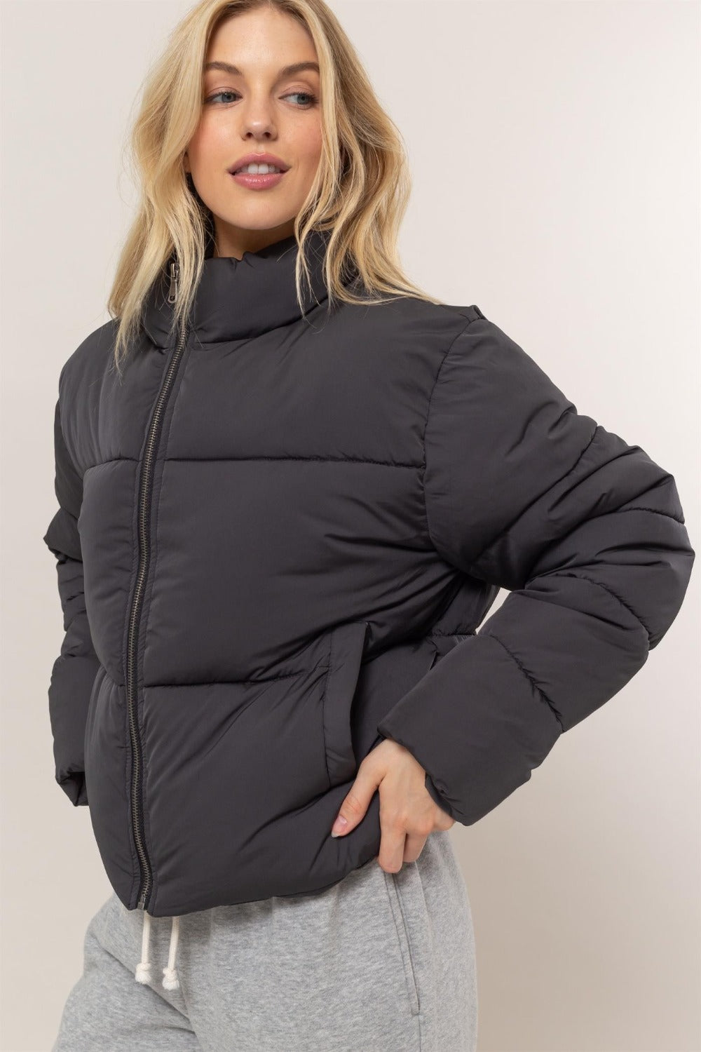 Mesa Quilted Back Drawstring Puffer Jacket in Black