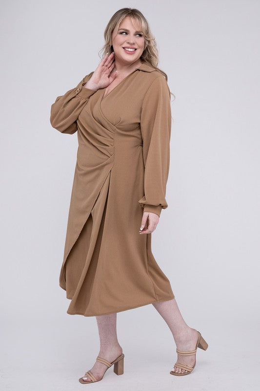 Camel colored wrap dress with twist front detail, collared V-neckline, and bishop sleeves. Features gentle ruching and midi length.