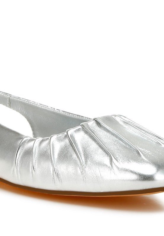 Metallic pleather flat slingbacks with a square closed toe, adjustable pin buckle strap, and cushioned insole, available in silver.