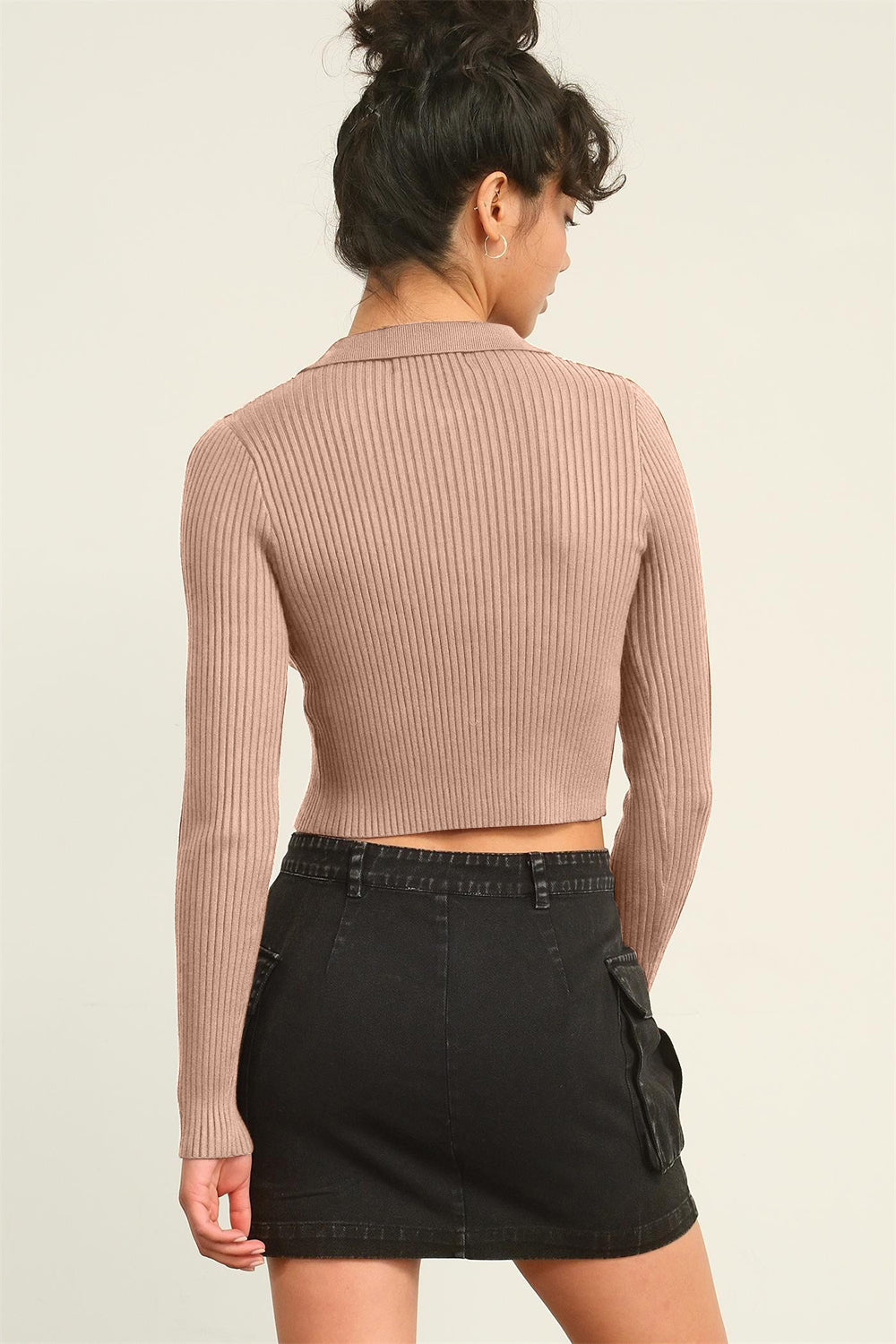 Women's taupe ribbed sweater with a collared neckline, long sleeves, cropped length, and a zipper closure.