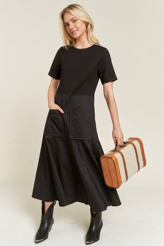Full body view of Felicity Knit Mix Dress in black with midi skirt and pockets