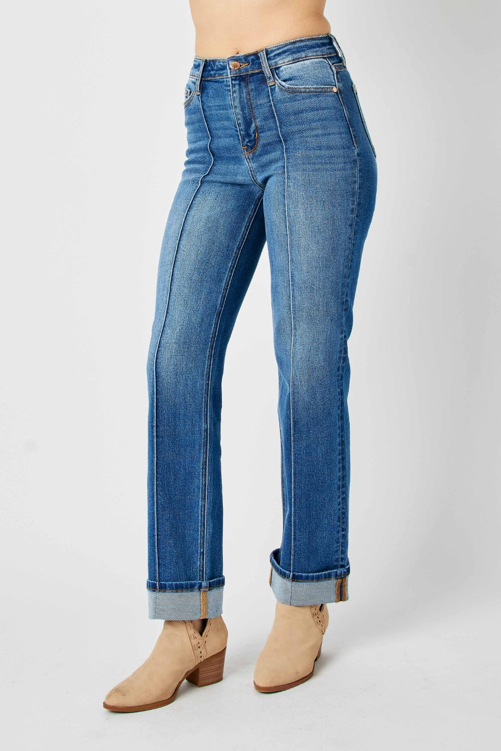 Medium wash high-waist straight-leg jeans with front seam detail and moderate stretch.