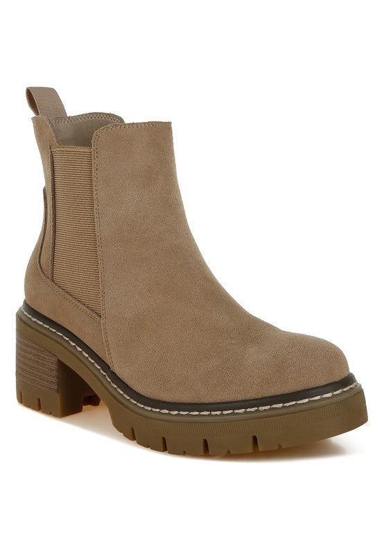 Beige Vostok suede Chelsea boots with chunky block heel and elastic gusset