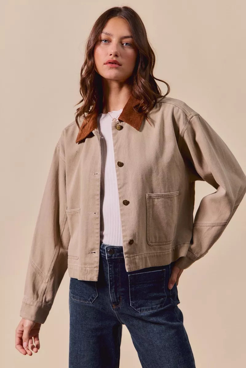 Front view of Suri Cotton Twill Cropped Barn Jacket showing button closure and pockets.