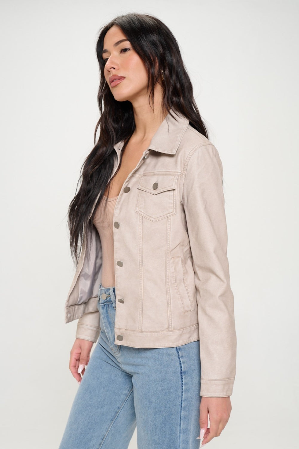 Gwendolyn Button Down Cargo Vegan Leather Shacket In Cream