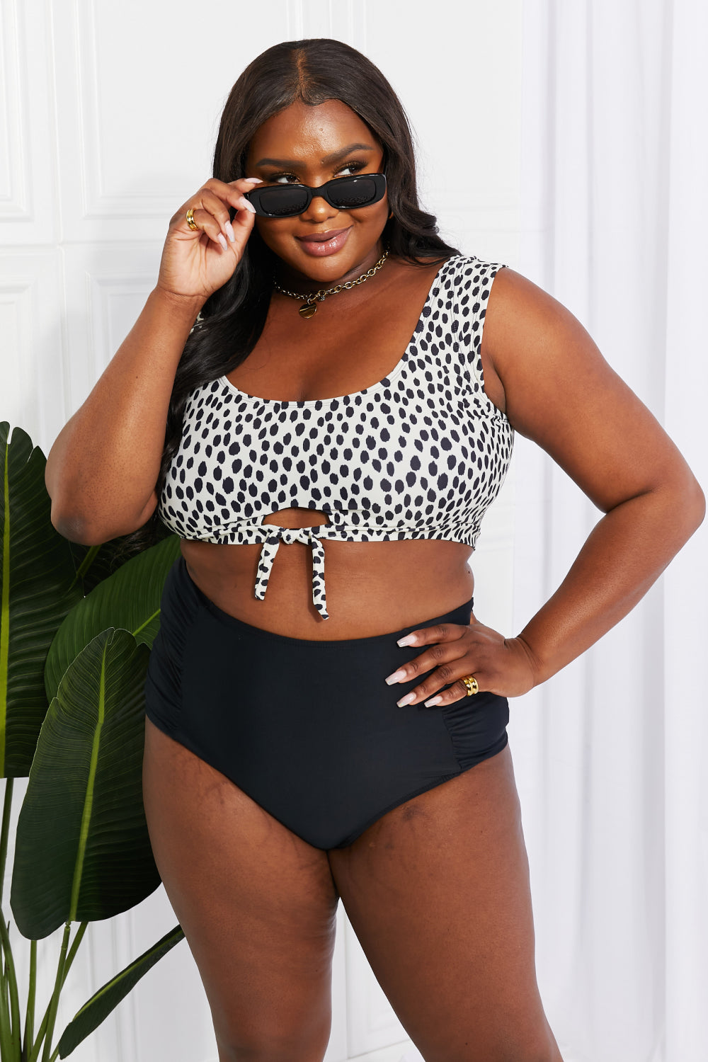 Sanibel Crop Swim Top and Ruched Bottoms Set in Spots/Black By Marina West Swim