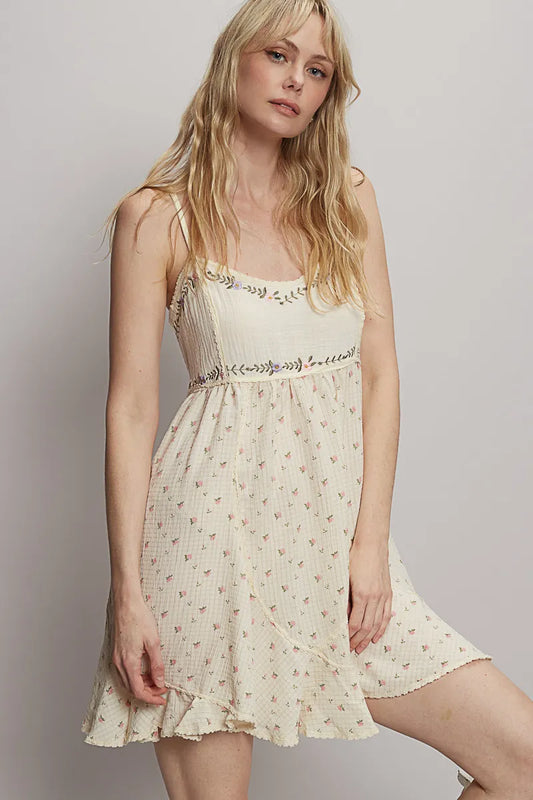 Tula Floral Cami Mini Dress front view with smocked bodice, floral print, and ruffle hem mini length