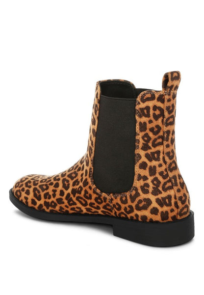 Back angle of Ayasa Low Block Heel Chelsea Boots in Leopard print with pull tab and block heel