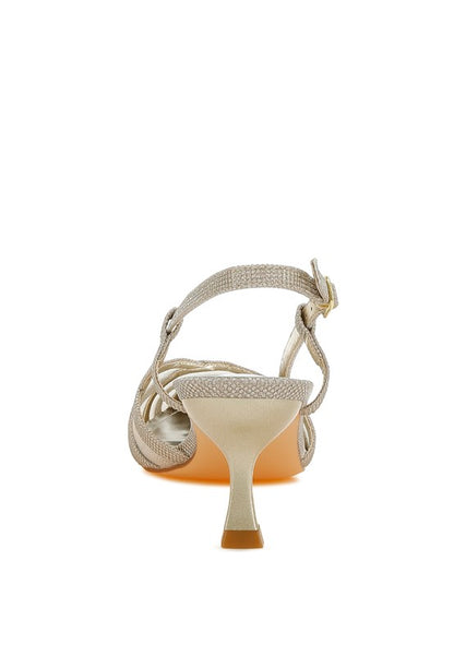 Back view of Gold Daldra Kitten Heel Slingback Sandals highlighting slingback strap and heel