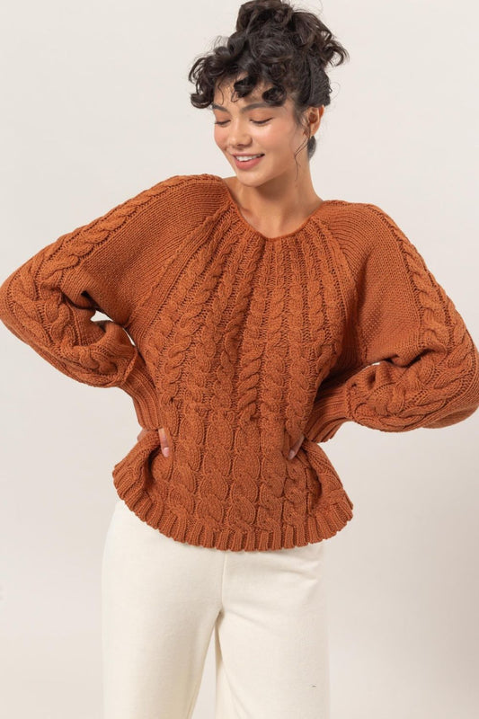 Arpi Cable-Knit Round Neck Raglan Sleeve Sweater