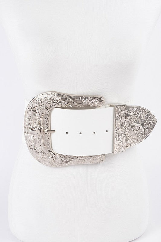 Front view of plus size white statement belt with wide strap and engraved silver buckle detail.