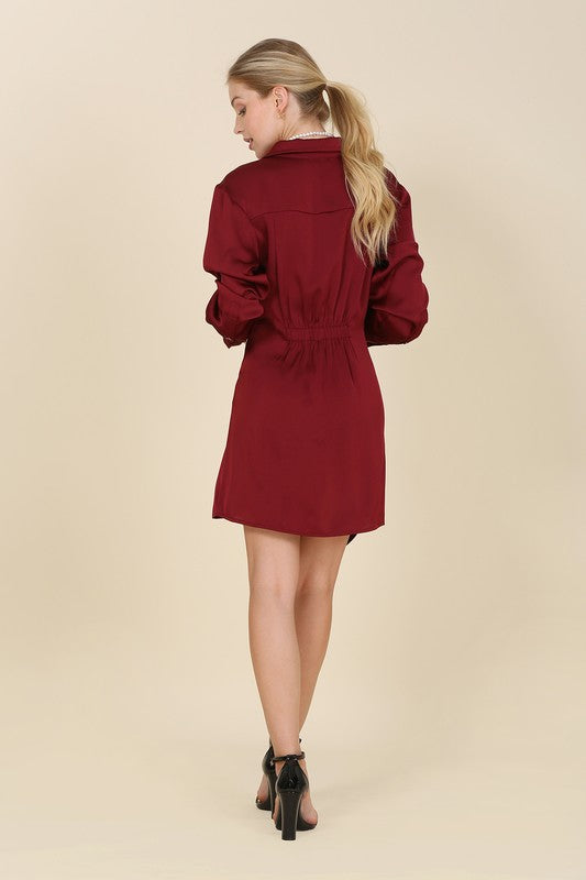 Vanessa Satin Collared Wrap Mini Dress