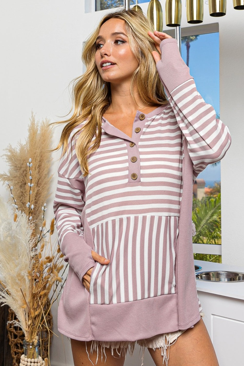 Harriette Striped Thumbhole Long Sleeve Top by BiBi