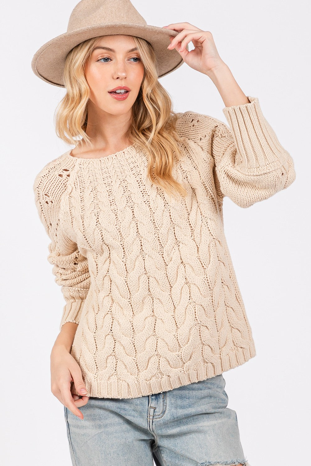 Amelia Cable-Knit Long Sleeve Sweater In Natural