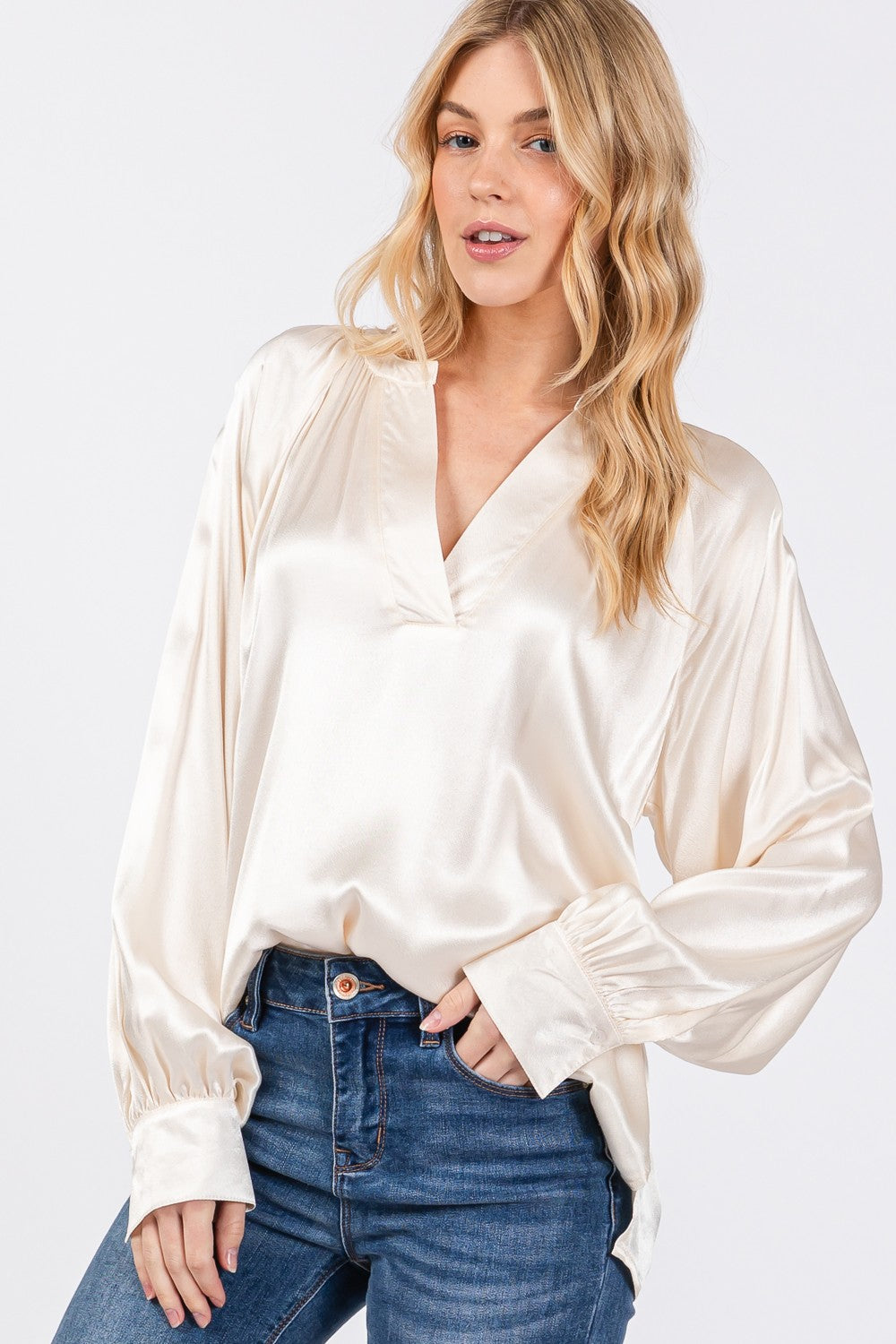 Demsy Notched Long Sleeve Blouse In Ivory